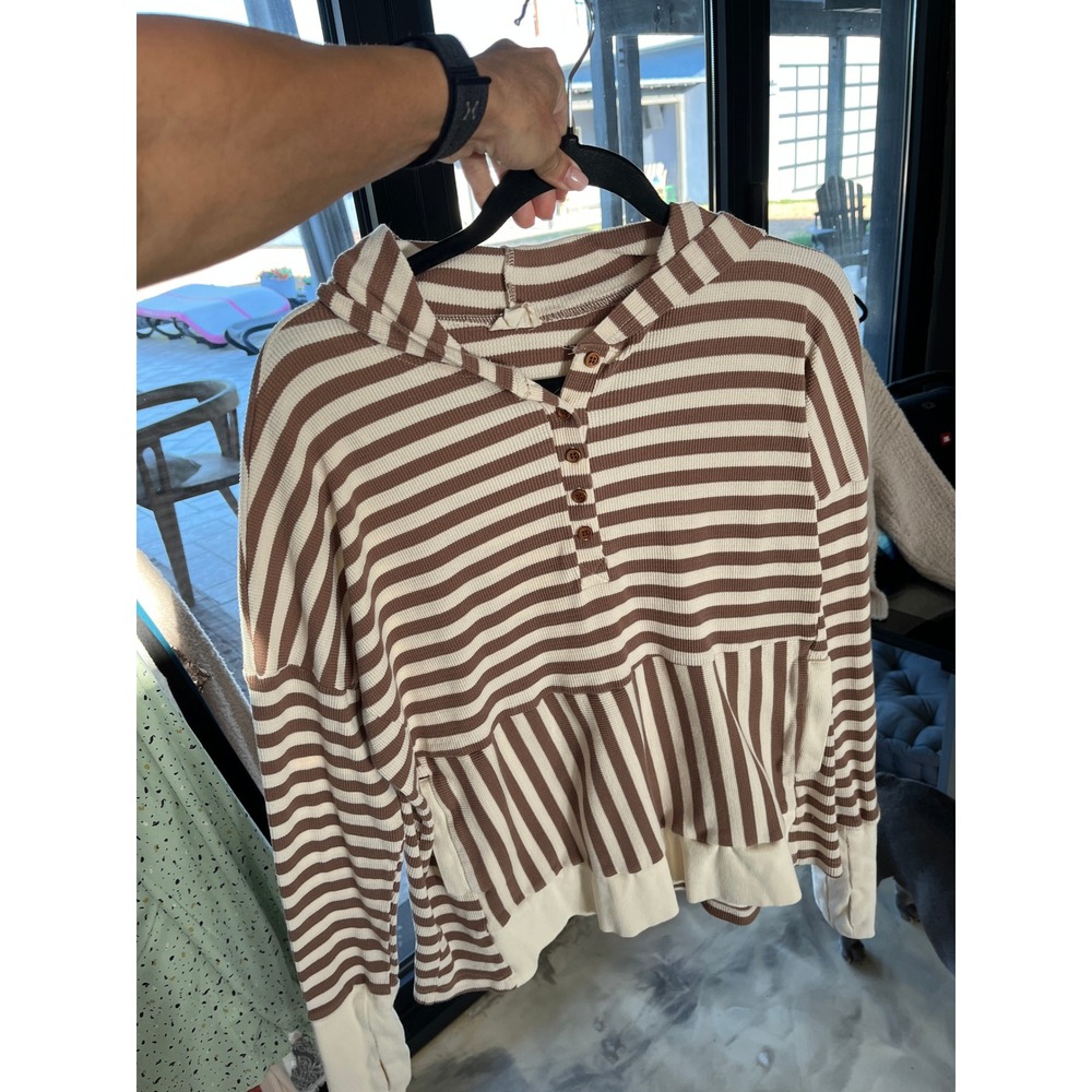 Brown Striped Waffle Knit Hoodie Ruffle Hem Boho Cottagecore Top S